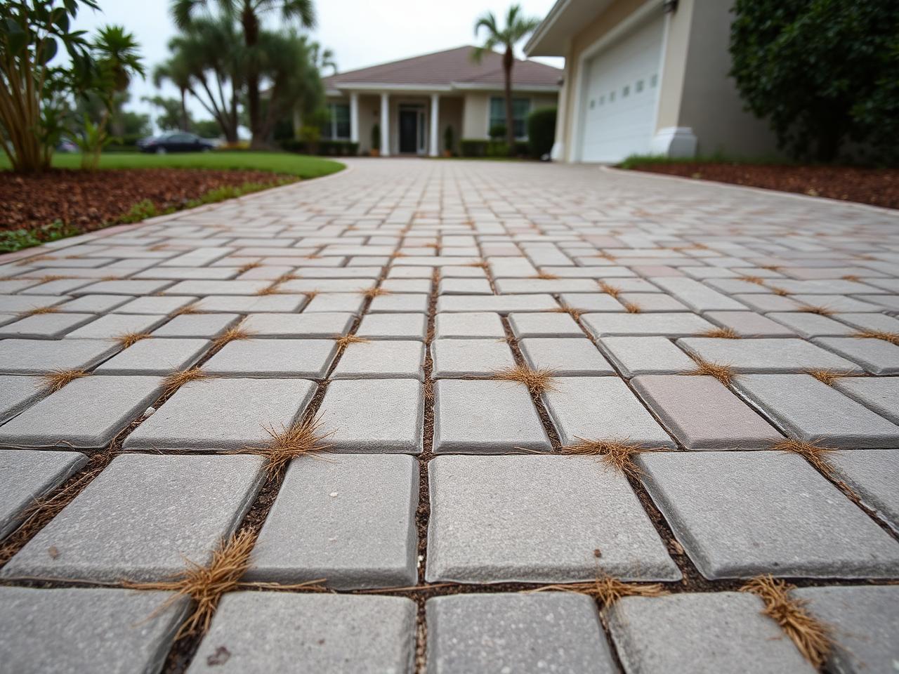 Faded, dirty paver driveway with weeds in the joints before sealing